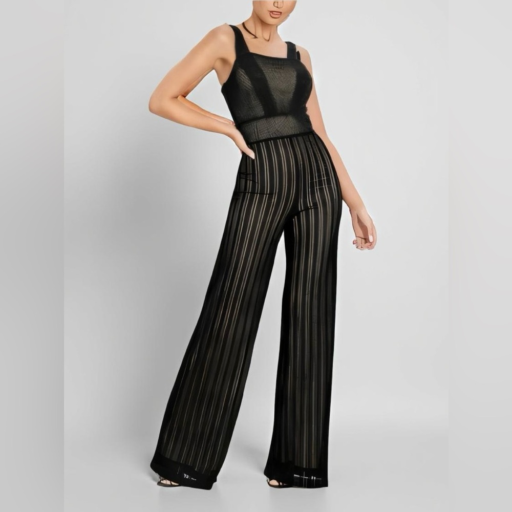 Venus | Black Crochet Overlay Flare Leg Jumpsuit | Sz M